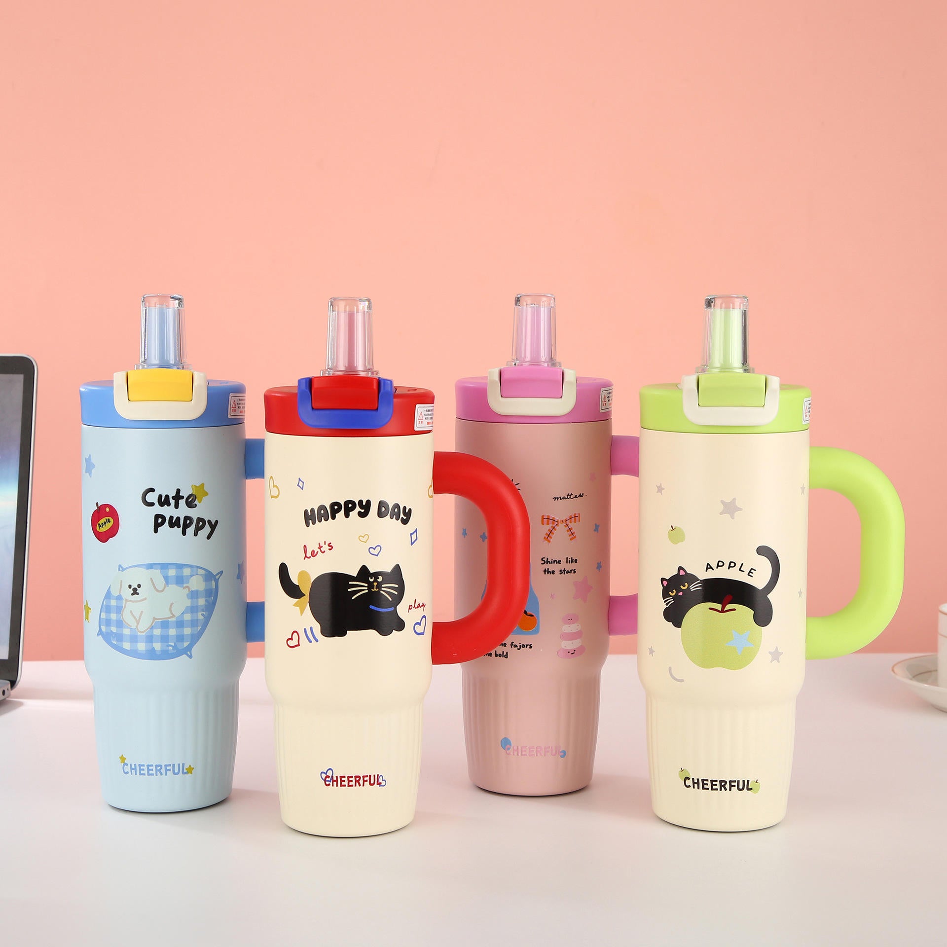 Cartoon Stainless Steel Tumbler 800ml | Double Wall Vacuum Insulated Water Bottle with Handle & Lid
