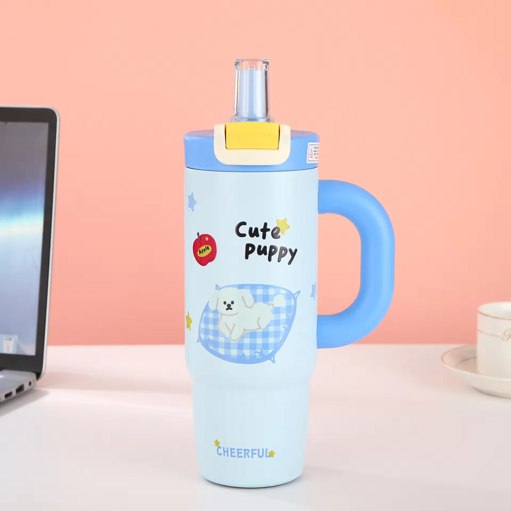 Cartoon Stainless Steel Tumbler 800ml | Double Wall Vacuum Insulated Water Bottle with Handle & Lid