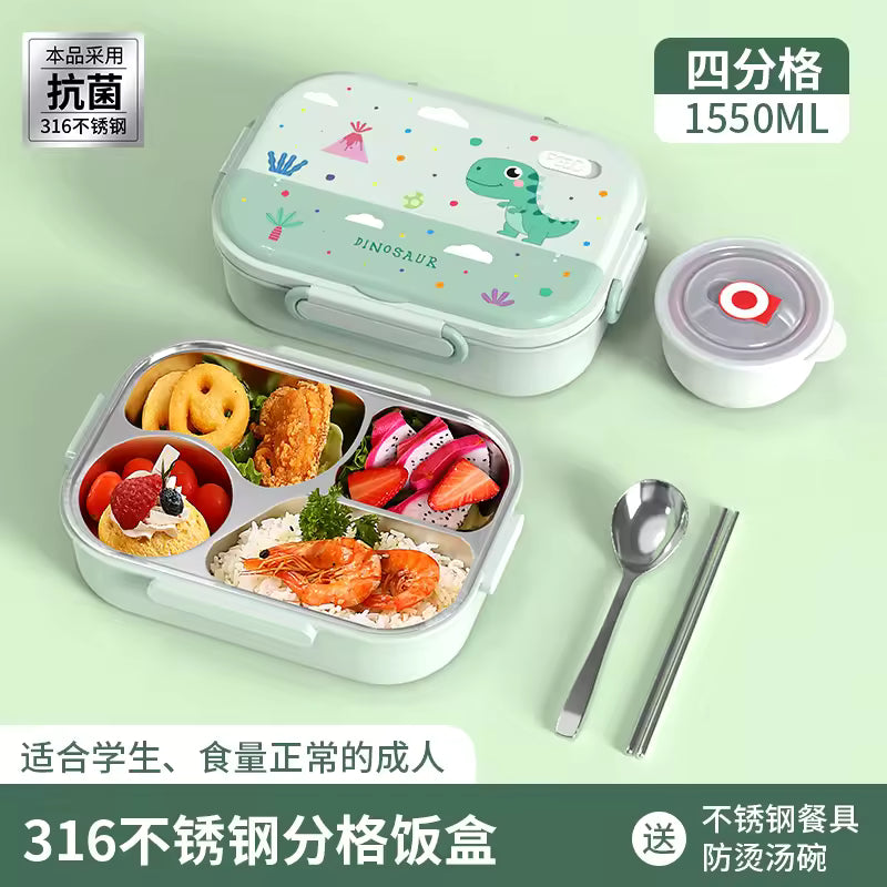 Kids Stainless Steel Insulated Bento Lunch Box | 4-Compartment Cartoon Food Container with Soup Bowl and Thermos Bag