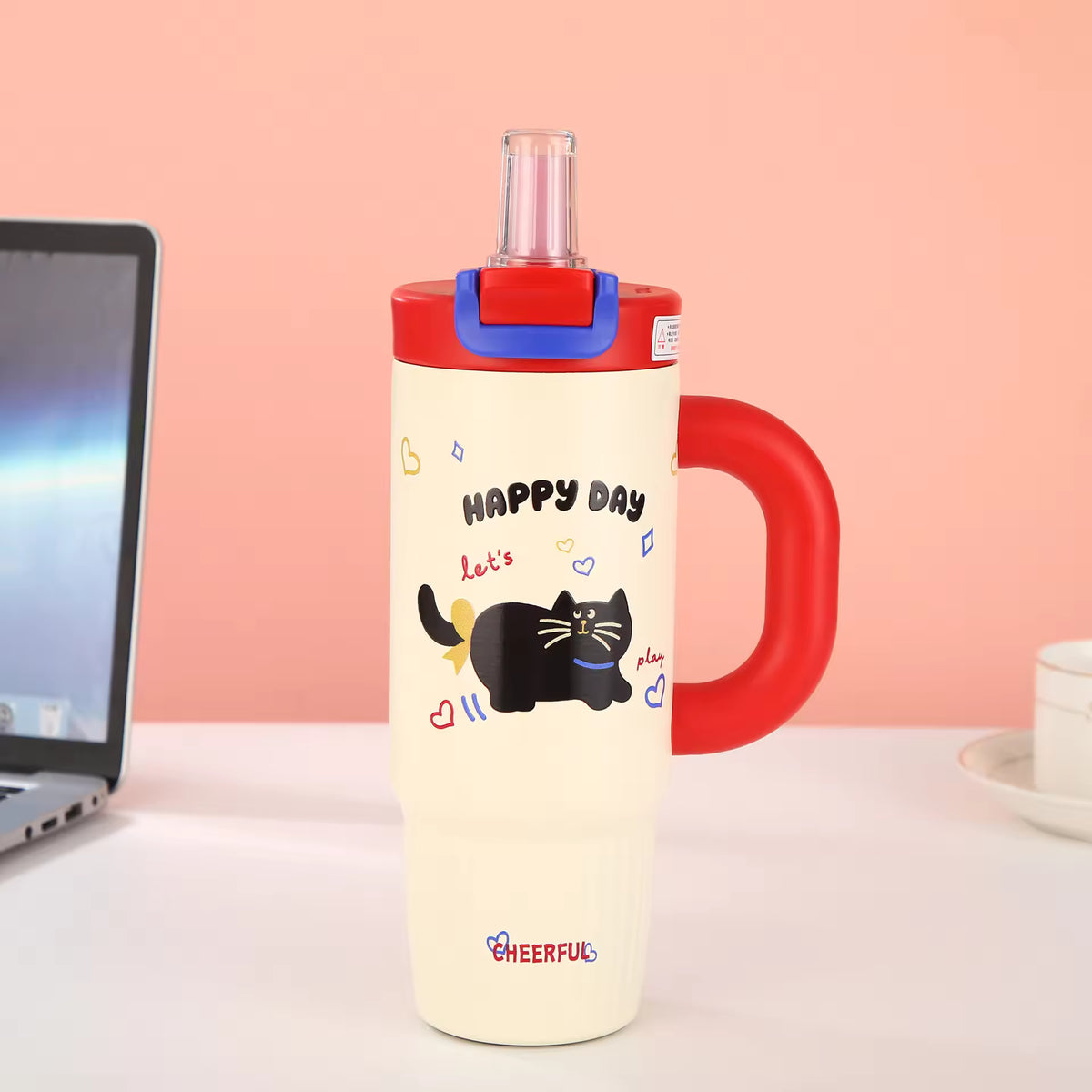 Cartoon Stainless Steel Tumbler 800ml | Double Wall Vacuum Insulated Water Bottle with Handle & Lid