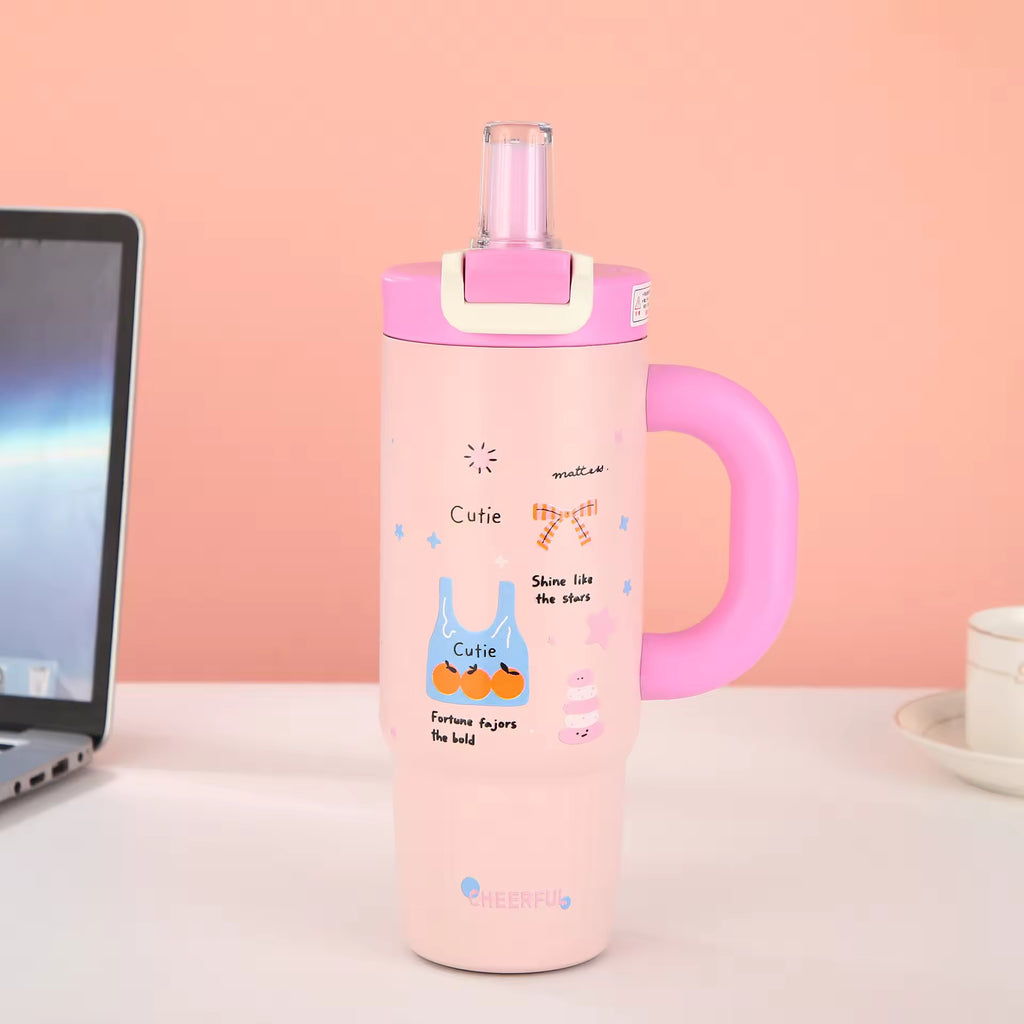 Cartoon Stainless Steel Tumbler 800ml | Double Wall Vacuum Insulated Water Bottle with Handle & Lid