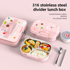 Kids Stainless Steel Insulated Bento Lunch Box | 4-Compartment Cartoon Food Container with Soup Bowl and Thermos Bag