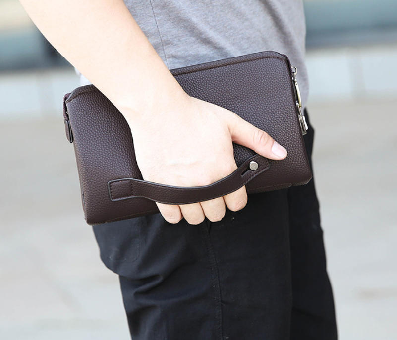 Anti-theft Men's Clutch PU Leather Tide Bag with Fingerprint Lock and Large Capacity Business Handbag | with Back Zipper Pocket Handcord